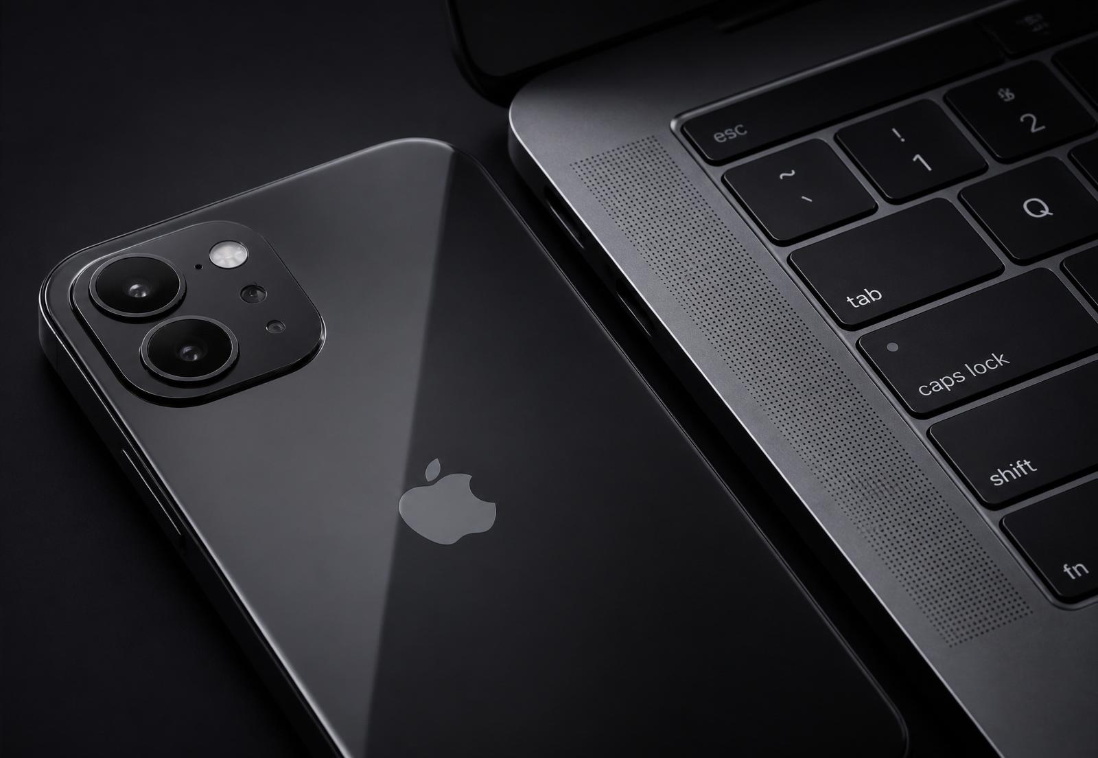 iPhone e MacBook em fundo escuro